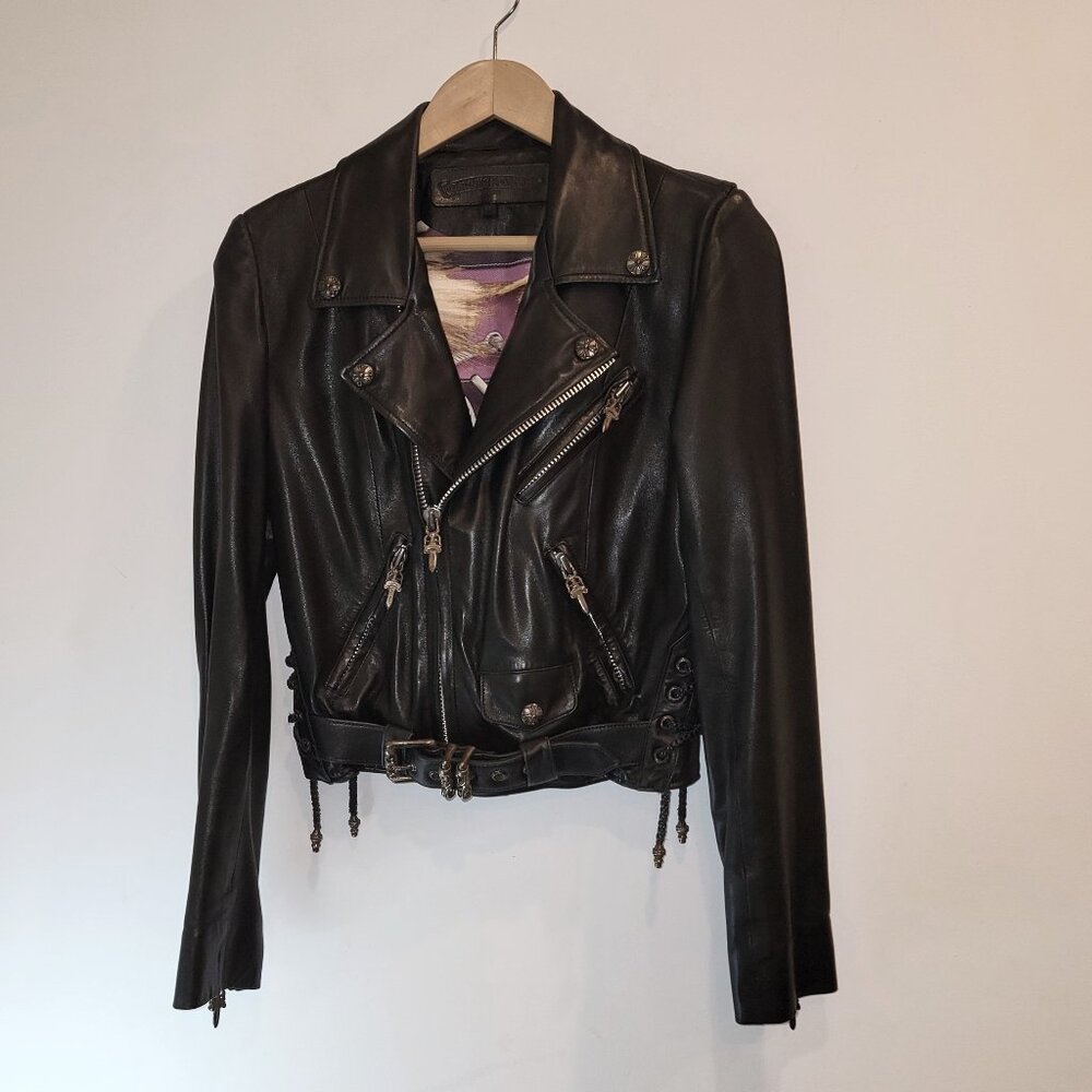 Chrome Hearts JJ Dean Black Leather Jacket with Hermes Scarf Lining, Size M